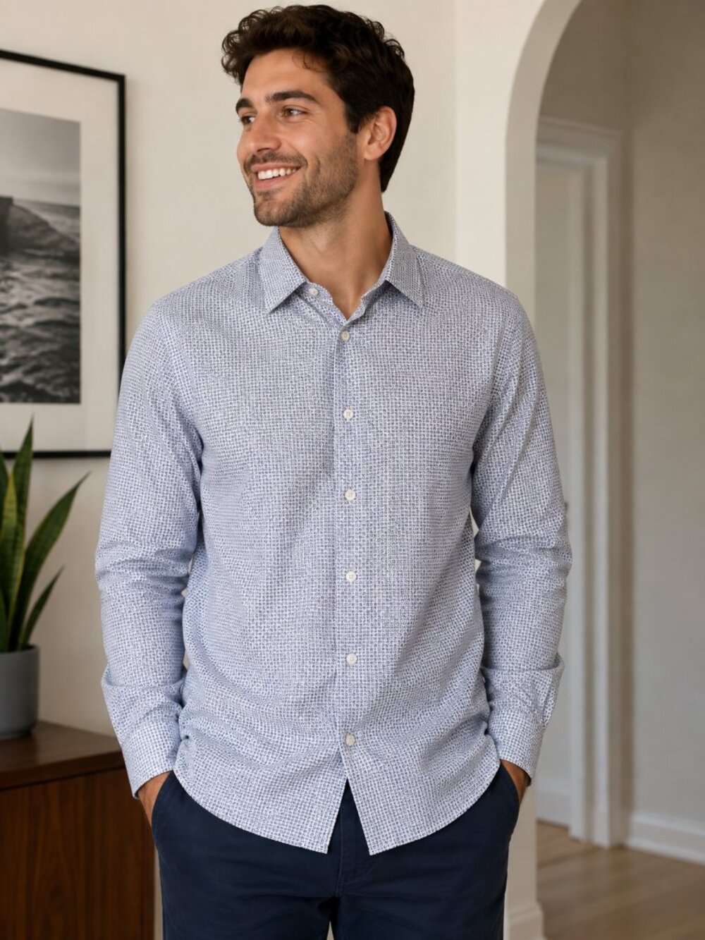 Men's David Donahue Blue Patterned Long-Sleeve Dress Shirt - NWT size 17x34/35